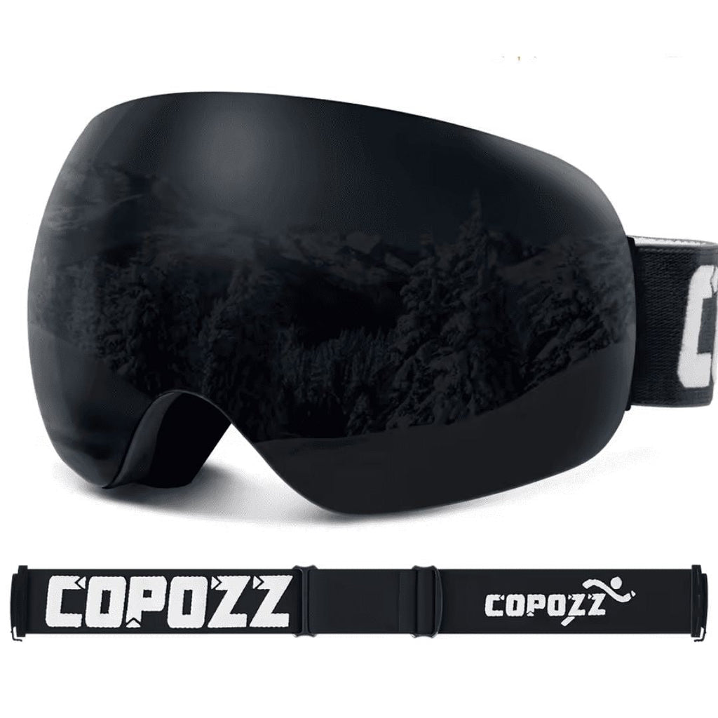 Close-up of the anti-fog lens of the ski goggles