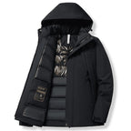 Men's waterproof puffer jacket worn outdoors