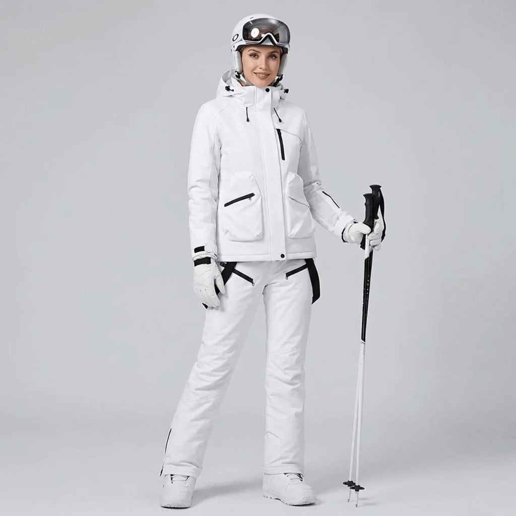 Close-up of the adjustable braces on the women's ski salopettes
