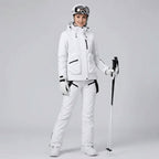 Close-up of the adjustable braces on the women's ski salopettes