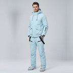 Men's ski set, back view on the snow