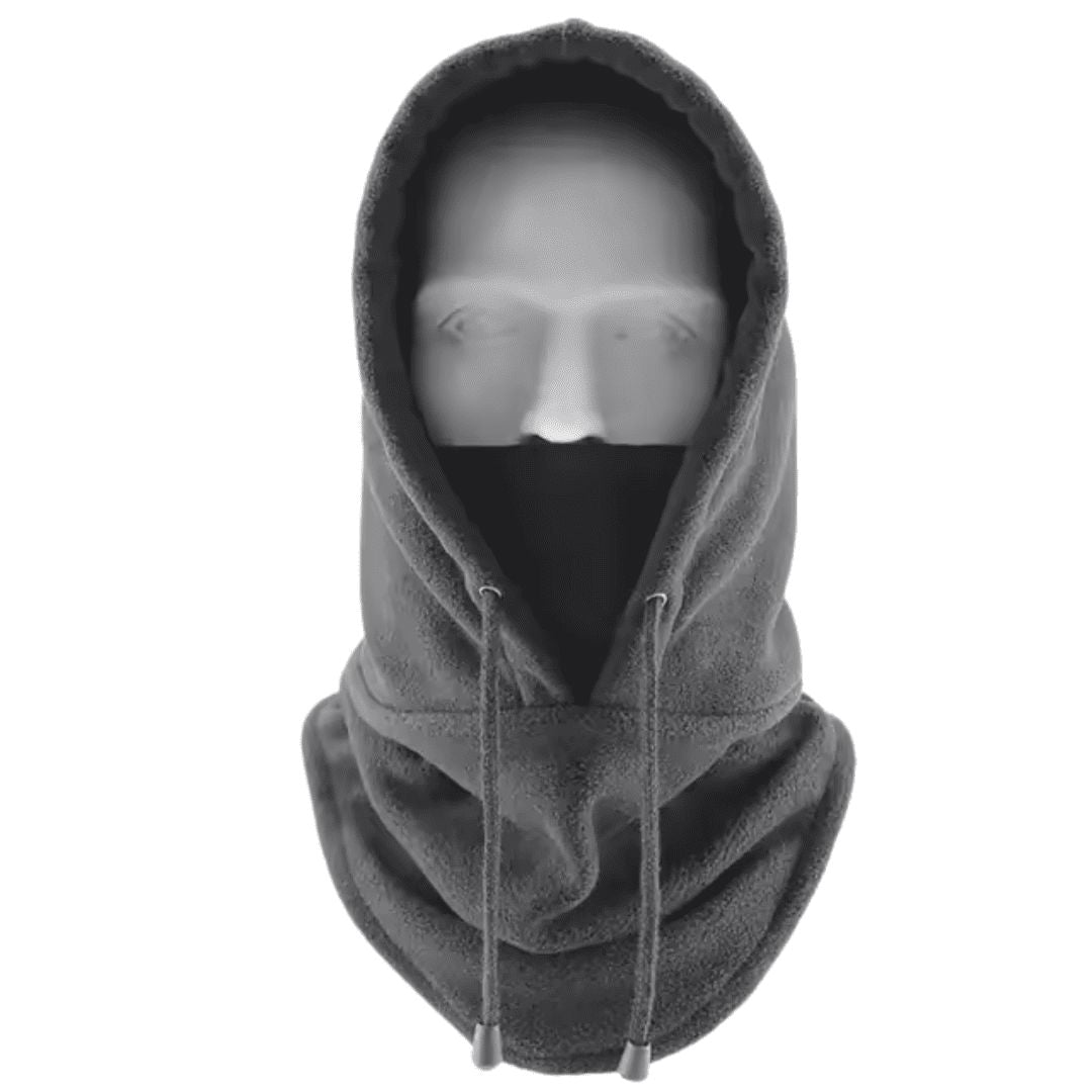 Fleece balaclava worn covering the face and neck
